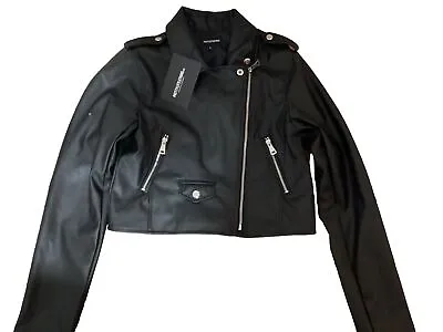Buy PrettyLittleThing PLT Black Faux Leather Biker Jacket  Zips Vegan UK Size 8 NWT • 9.99£