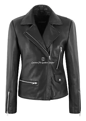 Buy Women's Brando Biker Style Real Leather Jacket Black Cross Zip Fashion Jacket • 109.76£