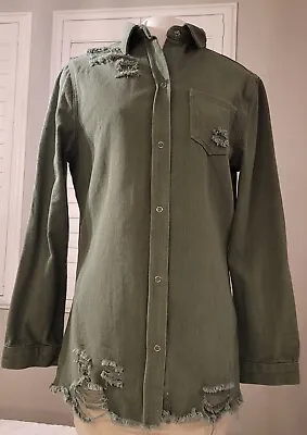 Buy Women's Large Distressed Fashion Shacket Military Green Unbranded Poverty Core • 16.32£