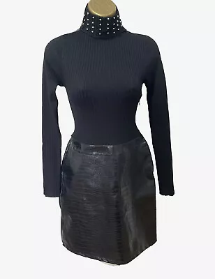 Buy Lipsy Black Dress 14 Leather Skirt Roll Neck Jumper Knit Studded Detail Party • 29.99£
