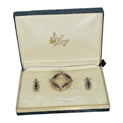 Buy VTG Lang Icy Smokey Topaz Marquise Jewelry Set Gold Brooch Clip On Earrings • 127.03£