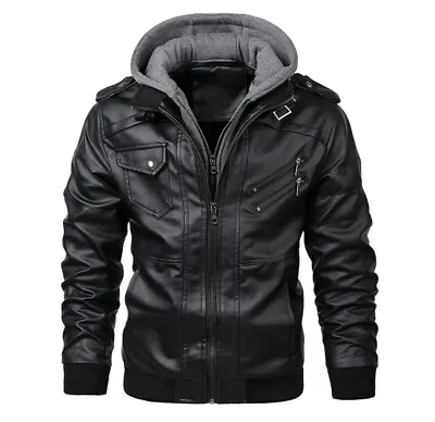Buy Leather Jackets For Men Casual Cowhide PU Leather Hooded Autumn Winter Coats • 44.99£