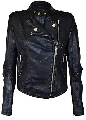 Buy Women's Faux Leather Biker Jacket - Stylish Gold Button Zip Crop Outerwear • 22.99£
