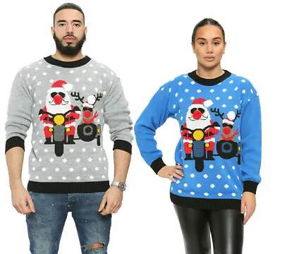 Buy Unisex Santa And Rudolph On Bike Men Women Knitted Novelty Christmas Jumper UK • 13.75£