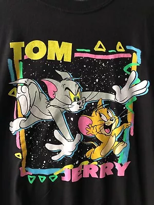 Buy New Tom & Jerry T-shirt Black XL - Rare Bright Neon Print Hanna Barbera Cartoon • 40£