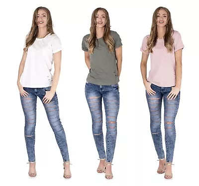 Buy Women Ladies Destroyed Distressed Cut Out Ripped Round Neck Holes T Shirt Top • 4.99£