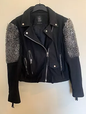 Buy Zara TRF Black Lambskin Biker Jacket Silver Studs Spikes Unique Rare Size M • 59.99£