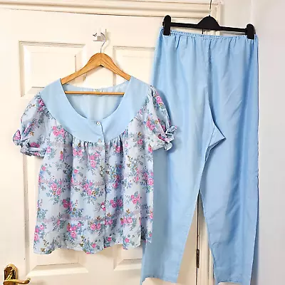 Buy Vintage Made In England Cute Pyjamas Size 16 Blue Pink Floral Elasticated Waist • 20.07£