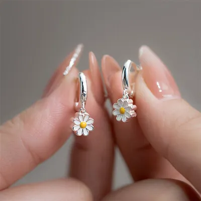Buy 925 Silver Daisy Flower Hoop Earrings Drop Dangle Jewelry Women Wedding Gift New • 3.42£