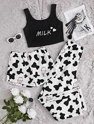 Buy 3 PC Farm Animal Cow Pajama Set Milk Moo Crop Top Shorts Pants PJs Lounge • 37.88£