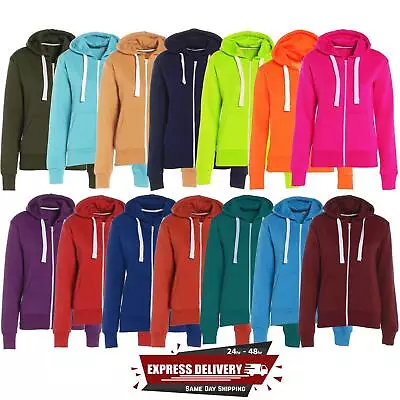 Buy Ladies  Womens Hoodies Sweatshirt Plain Hoody Girls Zip Top Jacket Plus Size • 7.75£