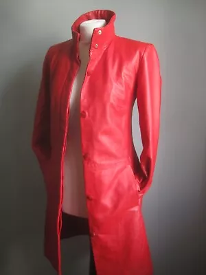 Buy Vintage RED LEATHER TRENCH COAT 6 8 LONG LINE JACKET Hip Length Real Soft VALI • 149.99£