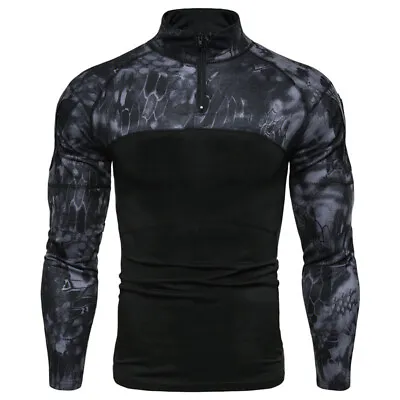 Buy UK Long Sleeve Mens Army Tactical T-Shirt Combat Military Camo Casual Zip Shirts • 9.99£