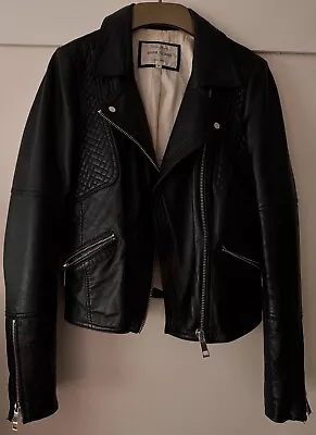 Buy River Island Women’s Black Real Leather Zip-Up Biker Jacket Size 10 • 44.45£