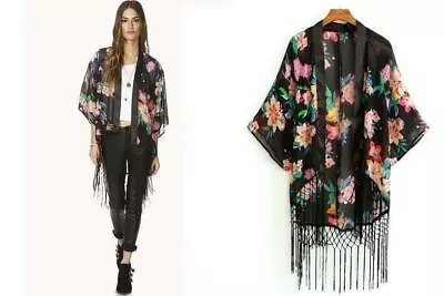Buy Women Black Floral Tassel Casual Chiffon Blouse Kimono Coat Cape Jacket • 7.99£