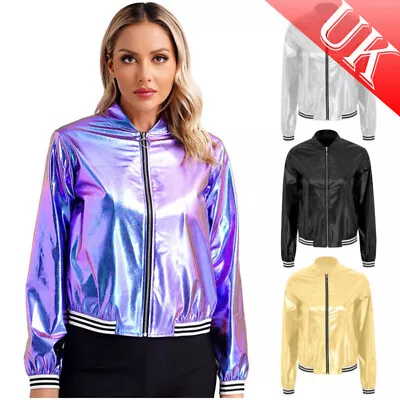 Buy UK Womens Metallic Zip Long Sleeve Jacket Shiny Baseball Collar Jacket Outerwear • 9.39£