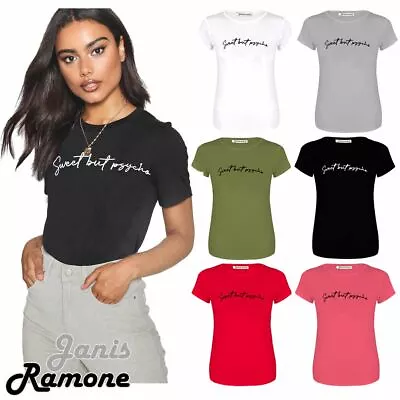 Buy Womens Ladies Sweet But Psycho Print Stretchy Fitted T-Shirt Basic Casual Tops • 5.59£