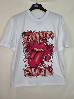 Buy Rolling Stones Rock Band Tee White T-Shirt Tongue And Stars Size S Oversized • 12.99£