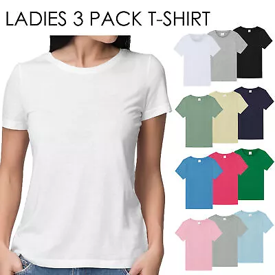 Buy Ladies T-Shirt 3 Pack Coloured 100% Cotton T-Shirts Tee Crew Neck Size S-4XL • 10.99£