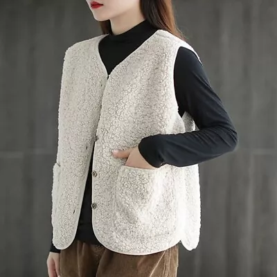 Buy Lady Sherpa Fleece Vest Sleeveless Jacket Cardigan Outwear Gilet Pocket Top Warm • 18.23£