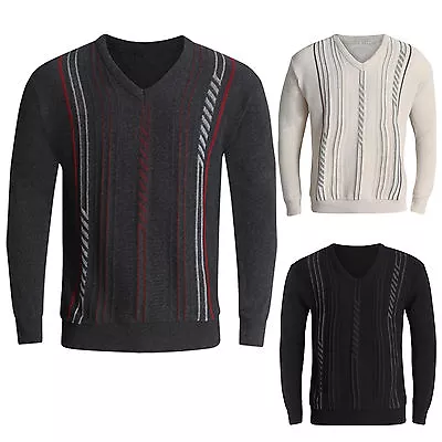 Buy Mens Jumpers V Neck Classic Casual Knitted Striped Pullover Witner Sweaters Tops • 14.99£