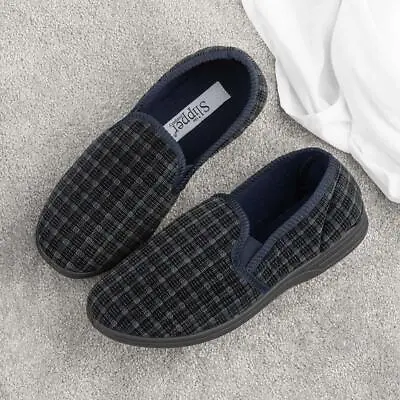 Buy The Slipper Company Mens Slippers Blue Adults Full Navy Twin Gusset Check Reid • 6.99£