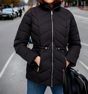 Buy Womens Black Coat Fig & Basil Fur Collar Black Puffed Winter Jacket Size 14 NG • 39.99£