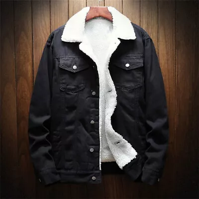 Buy Mens Fleece Solid Turn-down Collar Regular Long Sleeve Denim Button Winter Coats • 9.99£
