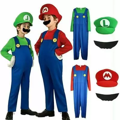 Buy Boys Girls Super Mario Luigi Fancy Dress Party Outfits Dungarees Apparel Kid New • 9.59£