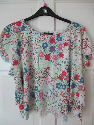 Buy Ladies Topshop Cropped Floral Top T-shirt Scalloped Edge Double Layer Size 14 • 2.99£