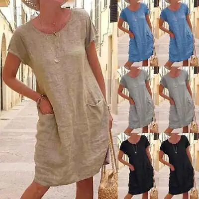 Buy Womens Summer Cotton Linen Midi Dress Ladies Casual Loose Pocket Dresses Size UK • 3.09£