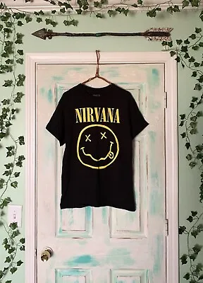 Buy Women’s Nirvana Black Smiley Face 90’s Grunge Graphic T-Shirt Size Medium  • 16£