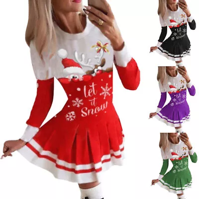 Buy Women Christmas Elk Print Jumper Dress Xmas Party Long Sleeve Mini Pleated Dress • 14.39£