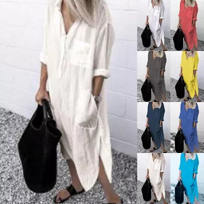Buy Women Cotton Linen Maxi Shirt Dress Kaftan Ladies Baggy Long Sleeve Blouse Dress • 2.79£