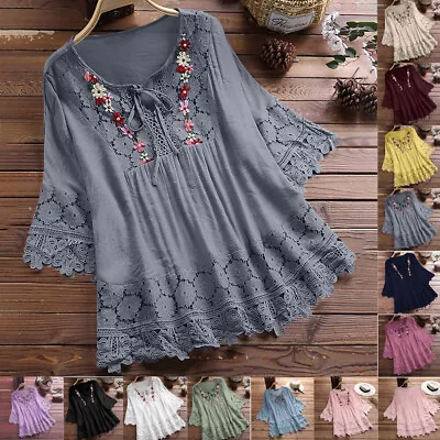 Buy Womens 3/4 Sleeve Lace Floral V Neck T Shirts Blouse Summer Tunic Tops PLUS SIZE • 6.59£