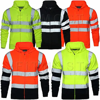 Buy Hi Viz Vis High Visibility Jacket Hoodie Work Zip Hooded SweatShirt Fleece SMLXL • 18.95£