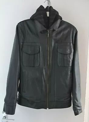 Buy Mens HTN Genuine Leather Jacket With Detachable Hood Black Size S • 15.95£