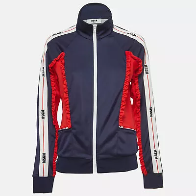 Buy MSGM Navy Blue/Red Jersey Ruffle Detail Bomber Jacket M • 350.46£