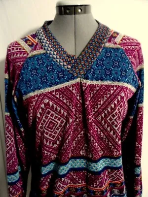 Buy Aztec Southwestern Jersey Knit V-neck Sweater Top M Turquoise Maroon Tunic LS • 22.09£