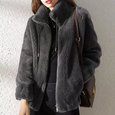 Buy Ladies Plain Zip Up Pocket Jacket Tops Womens Fleece Fluffy Stand-up Collar Coat • 12.55£