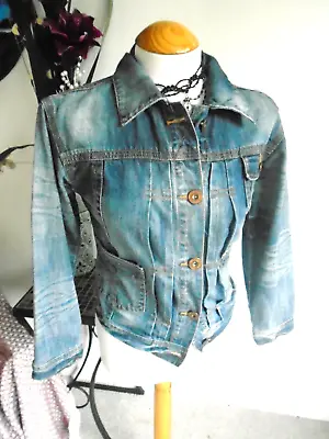 Buy RIVER ISLAND Denim Jacket FADED Distressed Blue Pleated Throwback 80s Punk New 8 • 14£