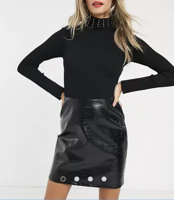 Buy Black Dress 2in 1 Leather Look Skirt Knitted Roll Neck Occasion Party 14 UK Sexy • 29.99£
