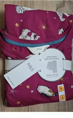 Buy Ladies Marks & Spencer Penguin Polar Bear Dark Cerise Cotton Pyjamas 8-10 Small • 7.50£