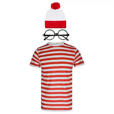 Buy Red White Striped T Shirt Set Hat & Glasses Kids Book Week Costume Wally Outfit • 8.99£