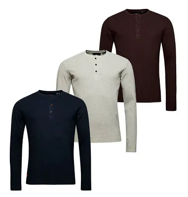 Buy Superdry T-Shirt Long Sleeve Waffle Henley Top Relaxed Fit Cotton Blue Grey Plum • 29.99£