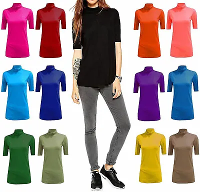 Buy  Women Ladies Basic Polo Turtle Neck Short 3/4 Sleeve Top Vest T-shirt 8-26 • 4.99£