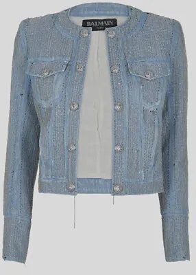 Buy Genuine BALMAIN Blazer MicroChain Embellished Cropped Denim Women Jacket Size 36 • 365£