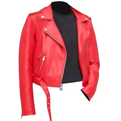Buy Womens Classic Ladies Fashion Designer Biker Style Red Real Leather Jacket • 27.99£
