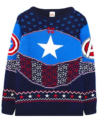Buy Marvel Captain America Christmas Jumper Shield Blue/Red Knitted Sweater • 29.99£