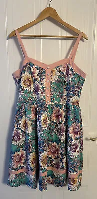 Buy BANNED APPAREL Dancing Days Retro Teal & Pink Floral Sweetheart Neck Sun Dress M • 29.99£
